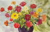 Zinnias in Blue Vase 