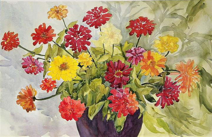 1Zinnias in Blue Vase wc